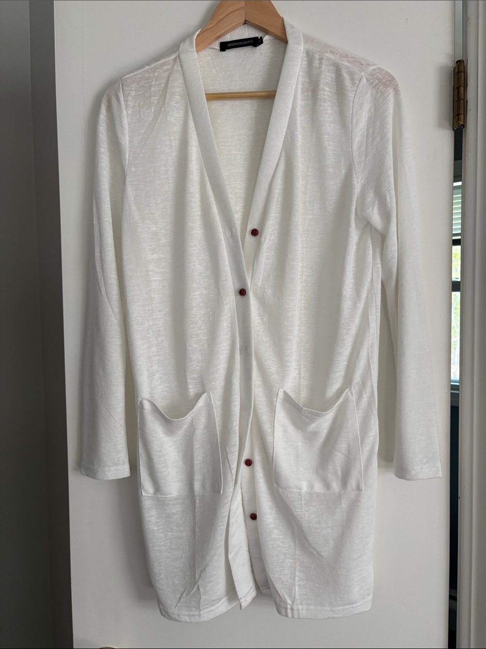 Amazon Women's White Long Cardigan with Red Buttons